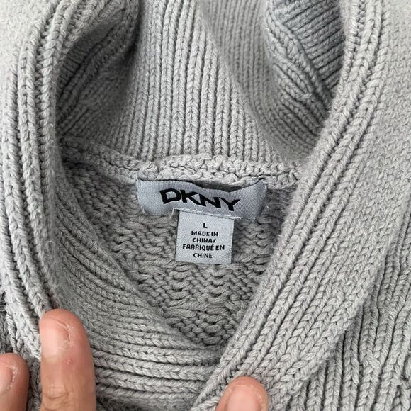 DKNY Gray Cowl Neck Cable Knit Sweater Size L 100% Cotton - Picture 4 of 6